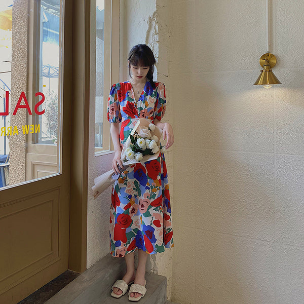 Summer Beautiful Sweet Style Women Retro High Waist Floral Printed V-neck Short Puff Sleeves A Line Dress
