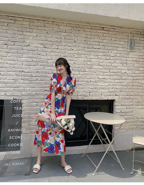 Summer Beautiful Sweet Style Women Retro High Waist Floral Printed V-neck Short Puff Sleeves A Line Dress