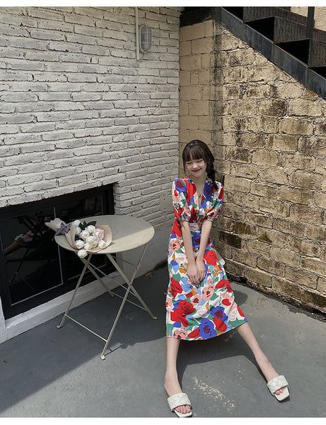 Summer Beautiful Sweet Style Women Retro High Waist Floral Printed V-neck Short Puff Sleeves A Line Dress