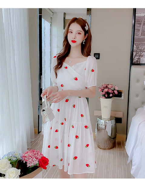 Fairy Summer Sweet Women Strawberry Printed Pattern Short Sleeves Round Neck Knee Length A Line Dress
