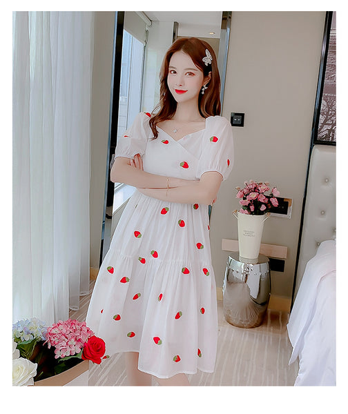 Fairy Summer Sweet Women Strawberry Printed Pattern Short Sleeves Round Neck Knee Length A Line Dress