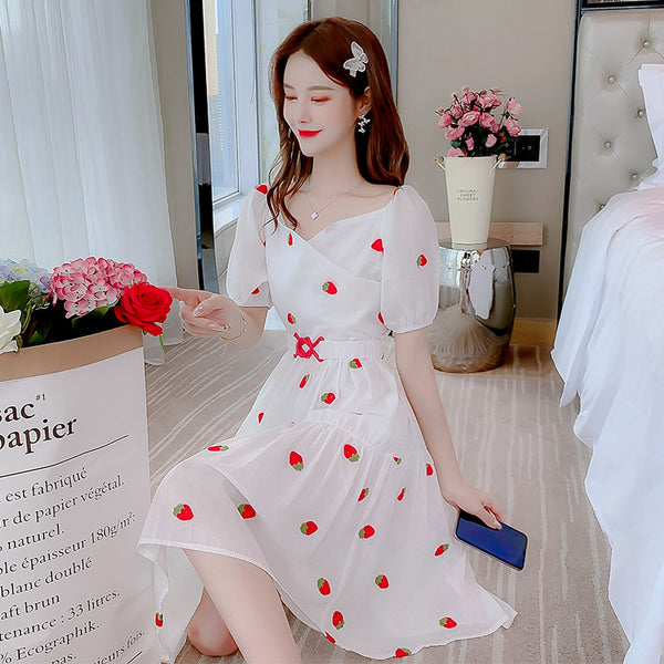 Fairy Summer Sweet Women Strawberry Printed Pattern Short Sleeves Round Neck Knee Length A Line Dress