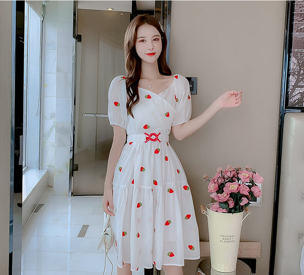 Fairy Summer Sweet Women Strawberry Printed Pattern Short Sleeves Round Neck Knee Length A Line Dress