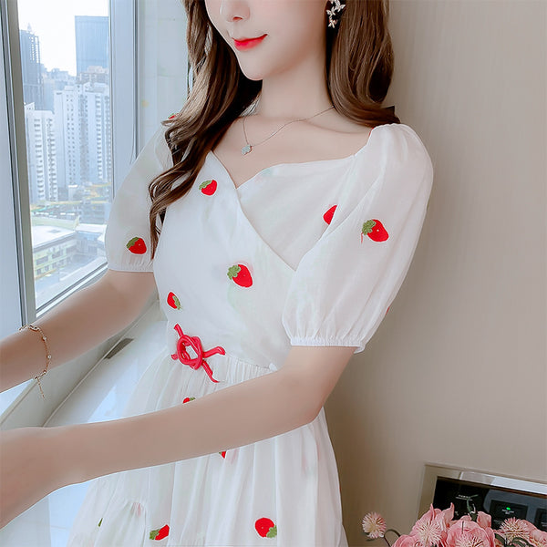 Fairy Summer Sweet Women Strawberry Printed Pattern Short Sleeves Round Neck Knee Length A Line Dress