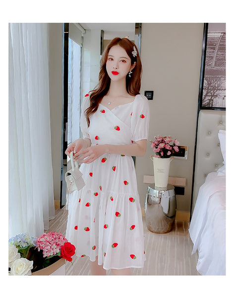 Fairy Summer Sweet Women Strawberry Printed Pattern Short Sleeves Round Neck Knee Length A Line Dress