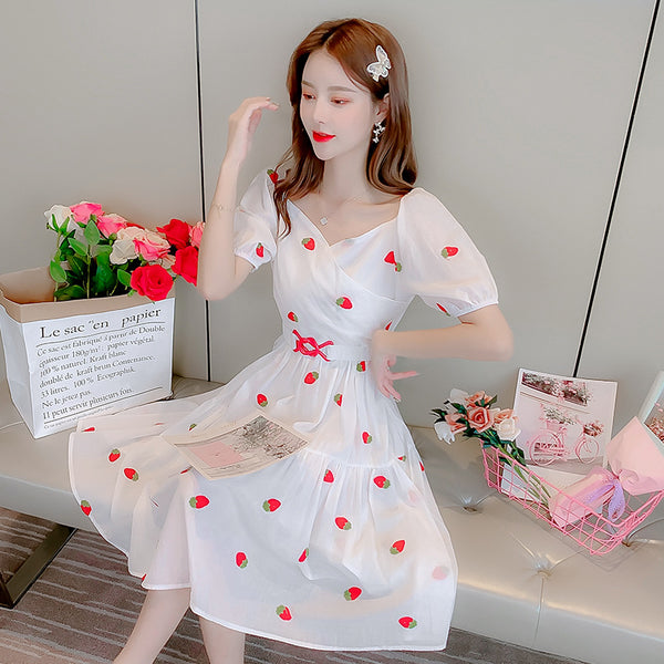Fairy Summer Sweet Women Strawberry Printed Pattern Short Sleeves Round Neck Knee Length A Line Dress