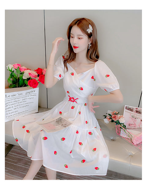 Fairy Summer Sweet Women Strawberry Printed Pattern Short Sleeves Round Neck Knee Length A Line Dress
