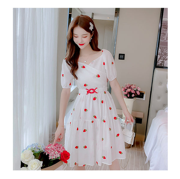 Fairy Summer Sweet Women Strawberry Printed Pattern Short Sleeves Round Neck Knee Length A Line Dress