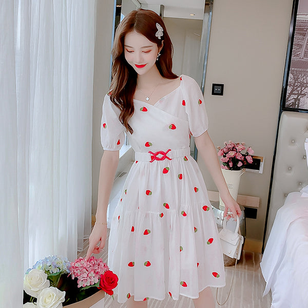 Fairy Summer Sweet Women Strawberry Printed Pattern Short Sleeves Round Neck Knee Length A Line Dress