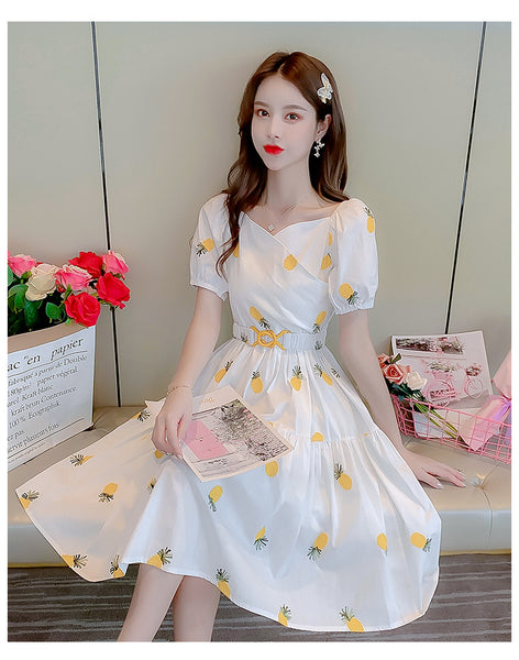 Tremendous Summer Chic Women Yellow Pineapple Printed Pattern Short Sleeves Round Neck Knee Length A Line Dress