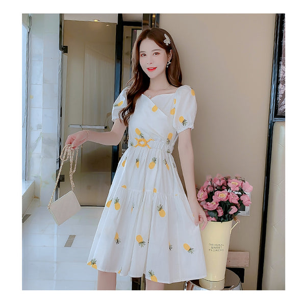 Tremendous Summer Chic Women Yellow Pineapple Printed Pattern Short Sleeves Round Neck Knee Length A Line Dress