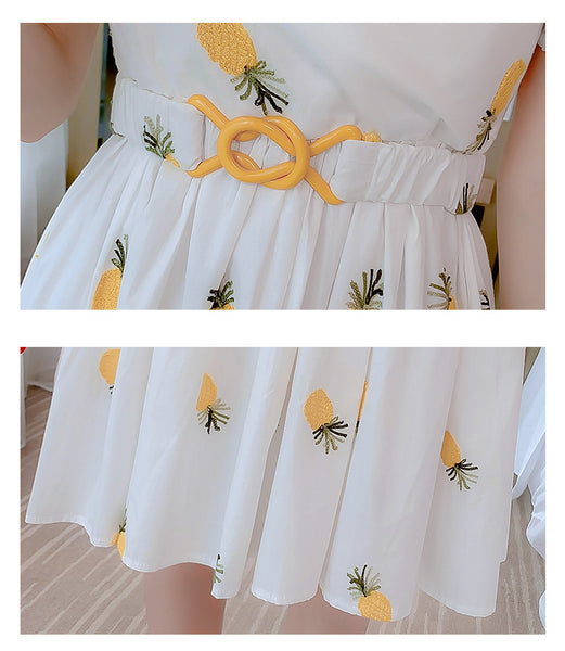 Tremendous Summer Chic Women Yellow Pineapple Printed Pattern Short Sleeves Round Neck Knee Length A Line Dress