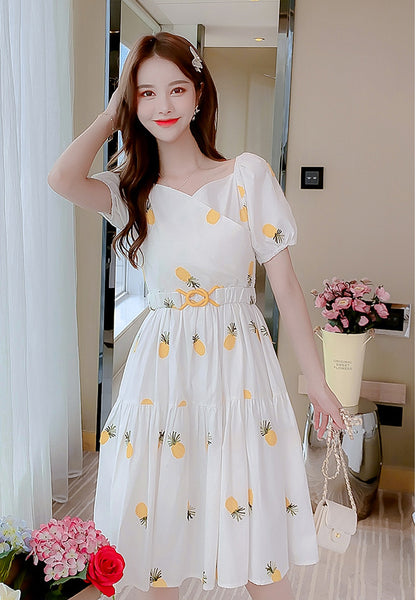 Tremendous Summer Chic Women Yellow Pineapple Printed Pattern Short Sleeves Round Neck Knee Length A Line Dress