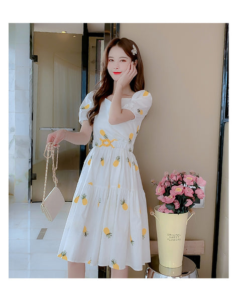 Tremendous Summer Chic Women Yellow Pineapple Printed Pattern Short Sleeves Round Neck Knee Length A Line Dress