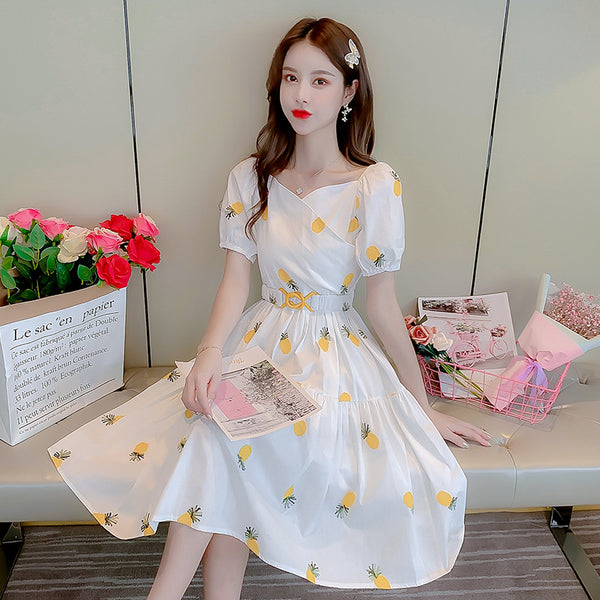 Tremendous Summer Chic Women Yellow Pineapple Printed Pattern Short Sleeves Round Neck Knee Length A Line Dress