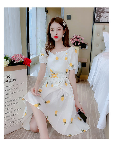 Tremendous Summer Chic Women Yellow Pineapple Printed Pattern Short Sleeves Round Neck Knee Length A Line Dress