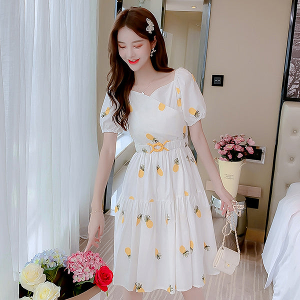 Tremendous Summer Chic Women Yellow Pineapple Printed Pattern Short Sleeves Round Neck Knee Length A Line Dress