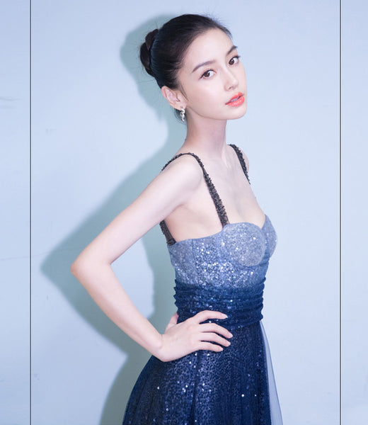Perfect Look Starry Gradual Blue Change Shoulder Strap Embroidered Sequins Banquet Evening Birthday Party Ball Long Dress