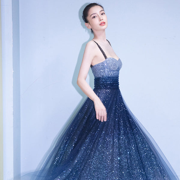 Perfect Look Starry Gradual Blue Change Shoulder Strap Embroidered Sequins Banquet Evening Birthday Party Ball Long Dress