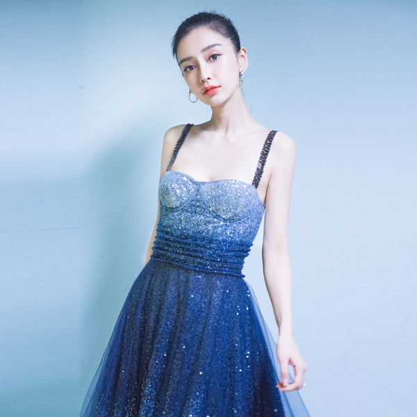 Perfect Look Starry Gradual Blue Change Shoulder Strap Embroidered Sequins Banquet Evening Birthday Party Ball Long Dress