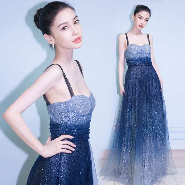 Perfect Look Starry Gradual Blue Change Shoulder Strap Embroidered Sequins Banquet Evening Birthday Party Ball Long Dress