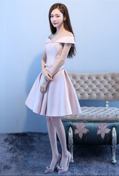 Wonderful Elegant Women Satin Off Shoulder Waist Bow Birthday Party Bridesmaid Knee Length A Line Dress