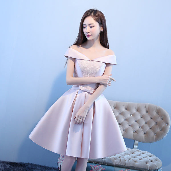 Wonderful Elegant Women Satin Off Shoulder Waist Bow Birthday Party Bridesmaid Knee Length A Line Dress