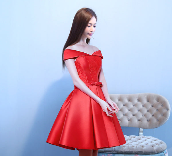 Wonderful Elegant Women Satin Off Shoulder Waist Bow Birthday Party Bridesmaid Knee Length A Line Dress