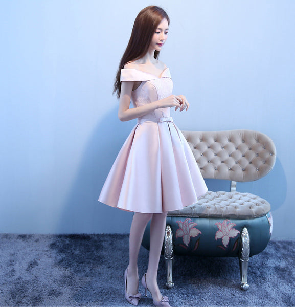 Wonderful Elegant Women Satin Off Shoulder Waist Bow Birthday Party Bridesmaid Knee Length A Line Dress