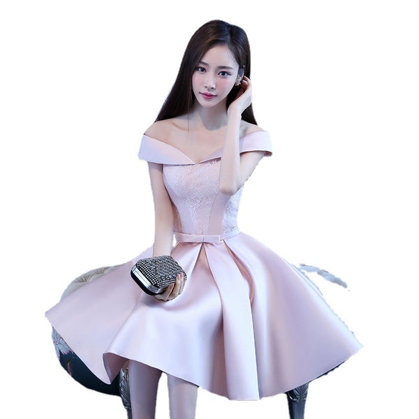 Wonderful Elegant Women Satin Off Shoulder Waist Bow Birthday Party Bridesmaid Knee Length A Line Dress