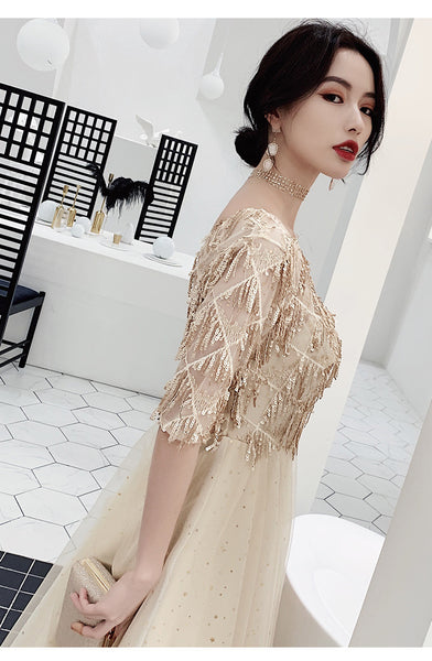 Look Good Temperament Elegant Women V Neck Embroidered Sequins Short Sleeves Long A Line Party Dress