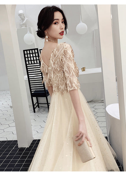 Look Good Temperament Elegant Women V Neck Embroidered Sequins Short Sleeves Long A Line Party Dress