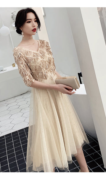 Look Good Temperament Elegant Women V Neck Embroidered Sequins Short Sleeves Long A Line Party Dress
