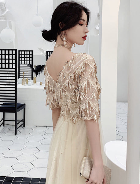 Look Good Temperament Elegant Women V Neck Embroidered Sequins Short Sleeves Long A Line Party Dress