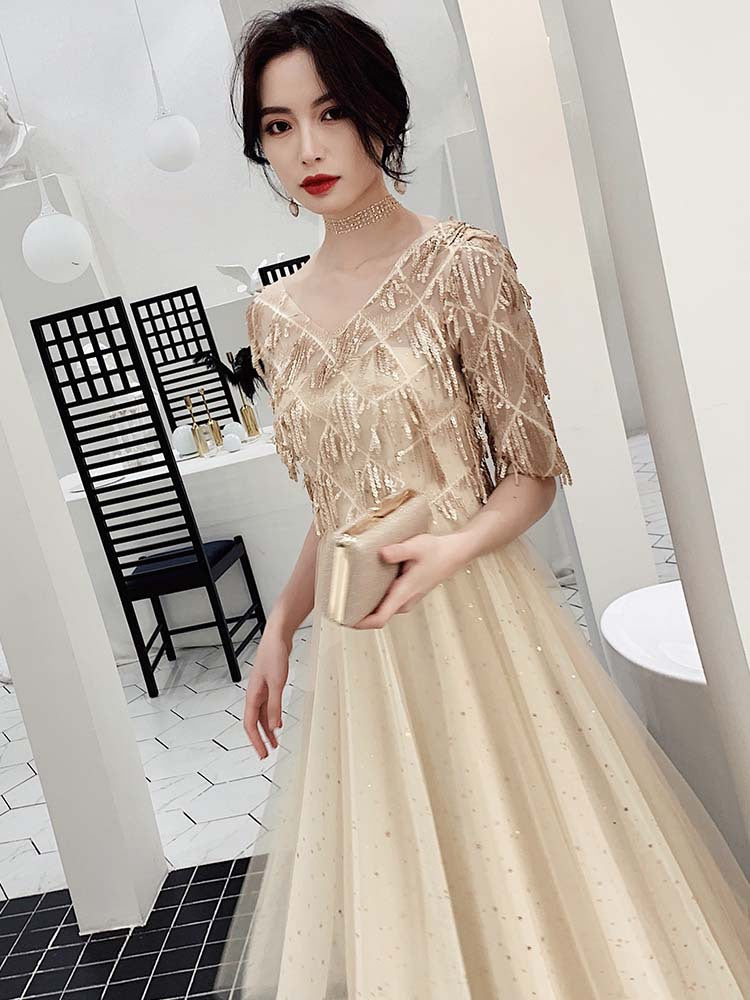 Look Good Temperament Elegant Women V Neck Embroidered Sequins Short Sleeves Long A Line Party Dress