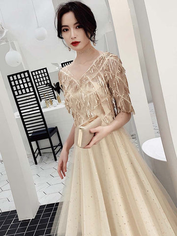 Look Good Temperament Elegant Women V Neck Embroidered Sequins Short Sleeves Long A Line Party Dress