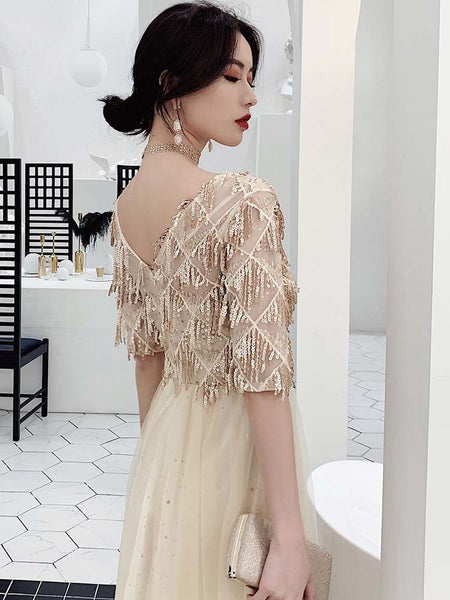 Look Good Temperament Elegant Women V Neck Embroidered Sequins Short Sleeves Long A Line Party Dress
