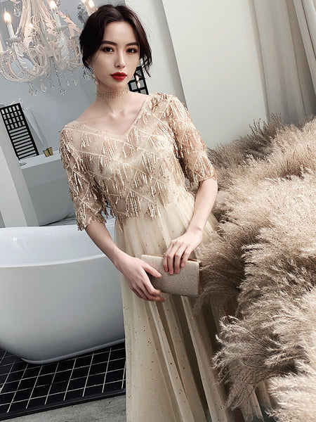 Look Good Temperament Elegant Women V Neck Embroidered Sequins Short Sleeves Long A Line Party Dress