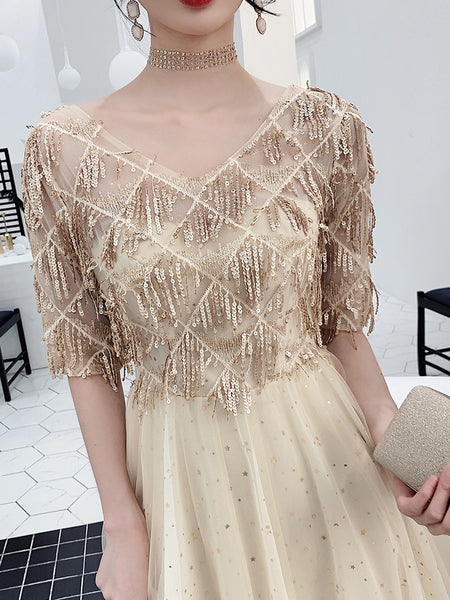 Look Good Temperament Elegant Women V Neck Embroidered Sequins Short Sleeves Long A Line Party Dress