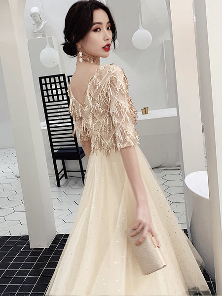 Look Good Temperament Elegant Women V Neck Embroidered Sequins Short Sleeves Long A Line Party Dress