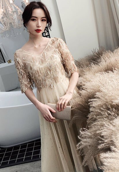 Look Good Temperament Elegant Women V Neck Embroidered Sequins Short Sleeves Long A Line Party Dress