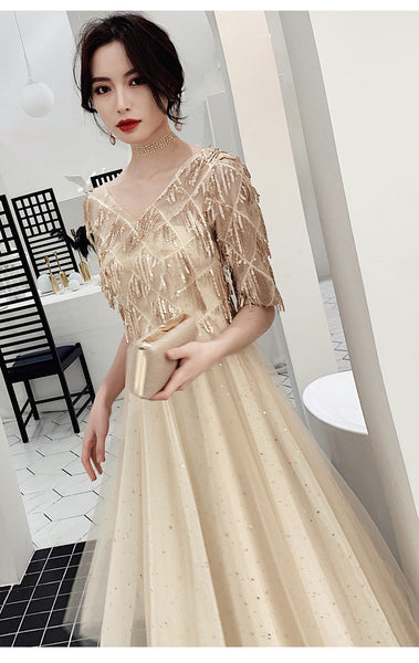 Look Good Temperament Elegant Women V Neck Embroidered Sequins Short Sleeves Long A Line Party Dress