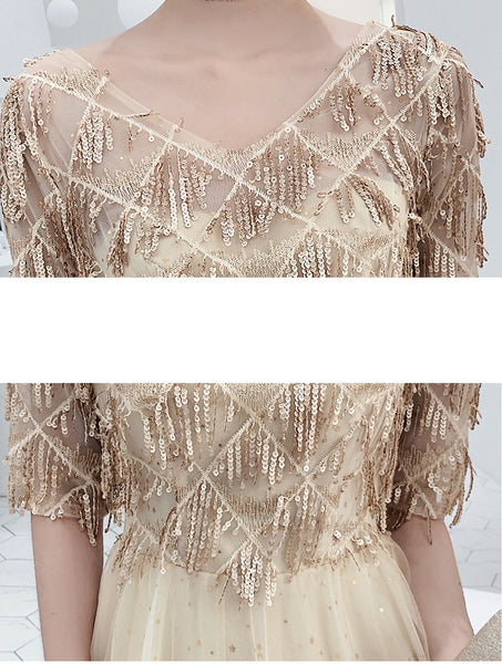 Look Good Temperament Elegant Women V Neck Embroidered Sequins Short Sleeves Long A Line Party Dress