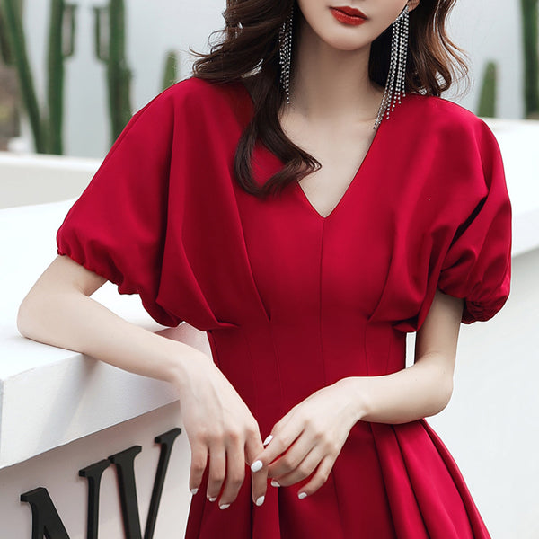Temperament Fashion Elegant Women Wine Red Solid Color V Neck Puff Short Sleeves Bride Evening Party A Line Dress