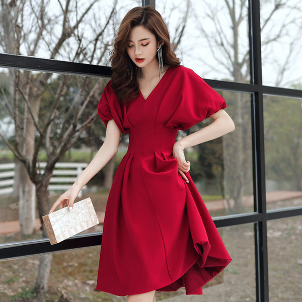 Temperament Fashion Elegant Women Wine Red Solid Color V Neck Puff Short Sleeves Bride Evening Party A Line Dress