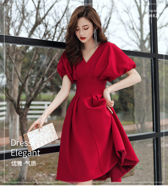 Temperament Fashion Elegant Women Wine Red Solid Color V Neck Puff Short Sleeves Bride Evening Party A Line Dress