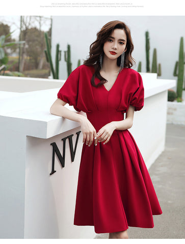 Temperament Fashion Elegant Women Wine Red Solid Color V Neck Puff Short Sleeves Bride Evening Party A Line Dress