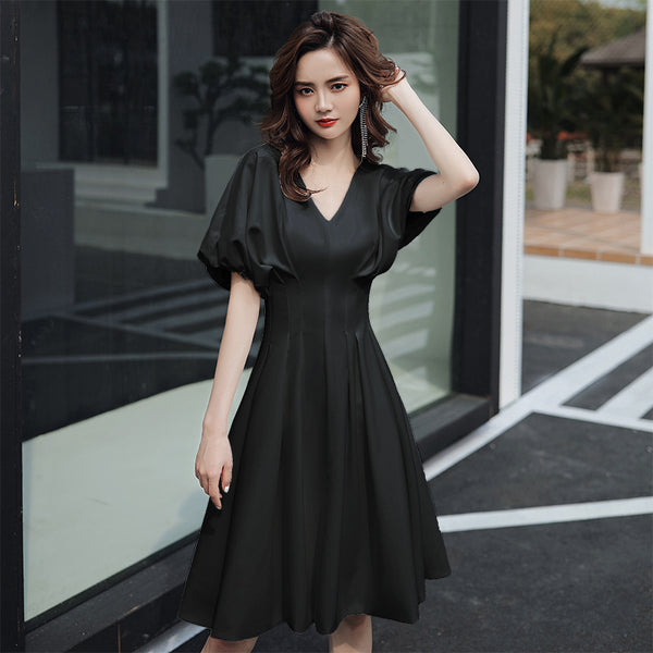 Temperament Fashion Elegant Women Wine Red Solid Color V Neck Puff Short Sleeves Bride Evening Party A Line Dress