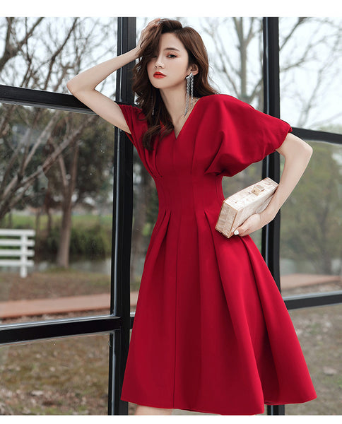 Temperament Fashion Elegant Women Wine Red Solid Color V Neck Puff Short Sleeves Bride Evening Party A Line Dress