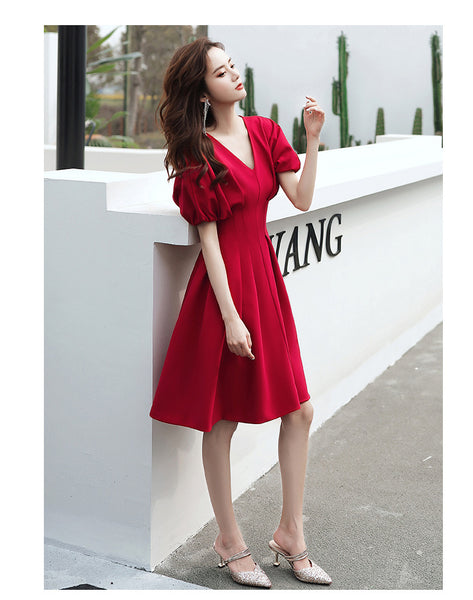 Temperament Fashion Elegant Women Wine Red Solid Color V Neck Puff Short Sleeves Bride Evening Party A Line Dress